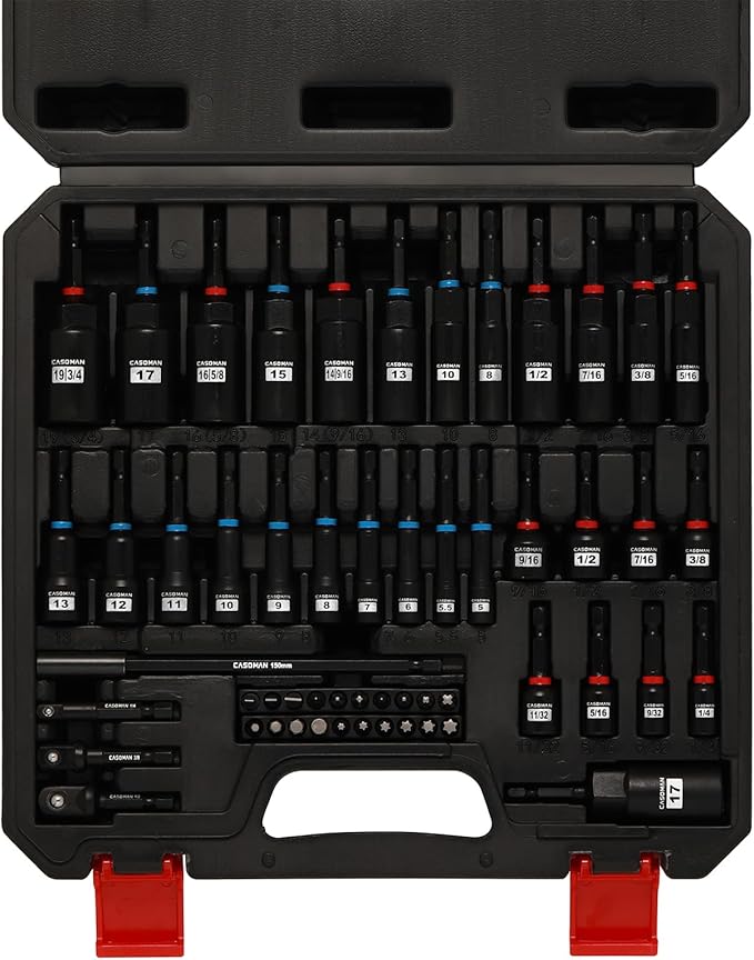 CASOMAN 55-Piece Magnetic Nut Driver Set for Impact Drill, Deep & Shallow, Metric & SAE, Includes Screwdriver Bits, Bit Extension Bar, Socket Adapters & Wing Nut Driver