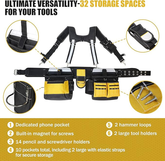 Tool Belt with Suspenders for Men, Heavy Duty Construction Tool Belt with 32 Pockets, 1680D Ballistic Material, Reflective Strips for Safety, HVAC Toolbelt for Men