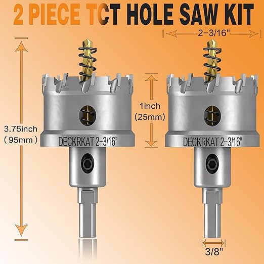 2-Pack 2-3/16" TCT Hole Saws for Hard Metal, Heavy Duty 55mm Tungsten Carbide Tipped Hole Cutters Set with Spring-Loaded Pilot Drill Bits for Stainless Steel, Metal, Iron, and Plastic.