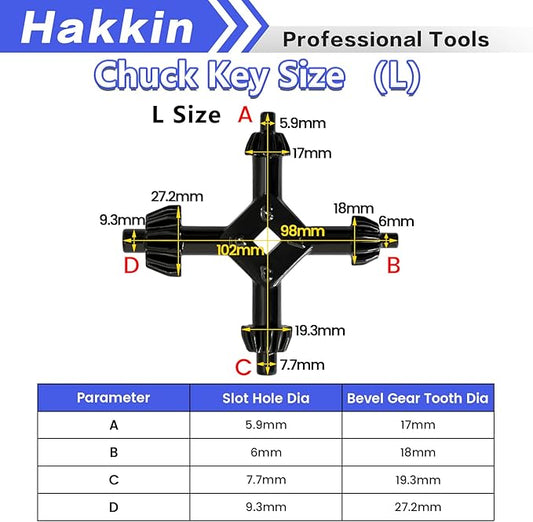 Hakkin 4 in 1 Drills Chuck Key Wrench, 1/4”, 3/8”, 1/2”, 5/8”, 3/4”, 1” Sizes Universal 4 Way Chuck Key, Replacement Tool for Electric Drills, Impact Drivers, Tightening and Loosening Chuck (Size L)