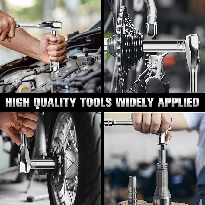 3/8" Drive Socket Set, 52-Piece SAE (3/16-9/16 in) and Metric (4-14 mm) Deep & Shallow Socket Kit, 90-Tooth Ratchet Wrench, 6-Point, Chrome Vanadium Steel Mechanic Tool Set