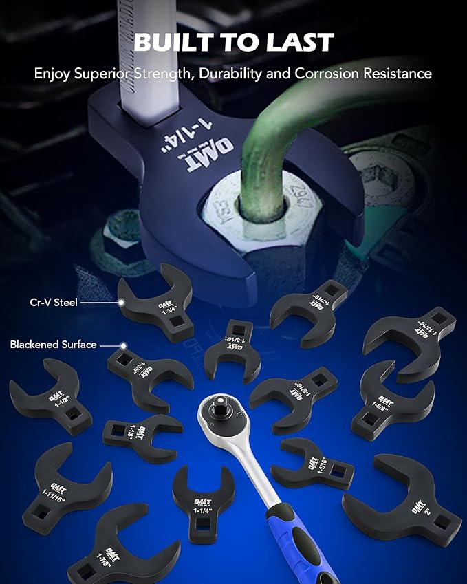 Orion Motor Tech 14 Piece Jumbo Crowfoot Wrench Set, SAE Crows Foot Wrench Set for 1-1/16" to 2" Flare Nuts for 1/2" Drive Rachets & Extenders, Blackened Cr-V Steel Crowfoot Wrenches with Carry Case