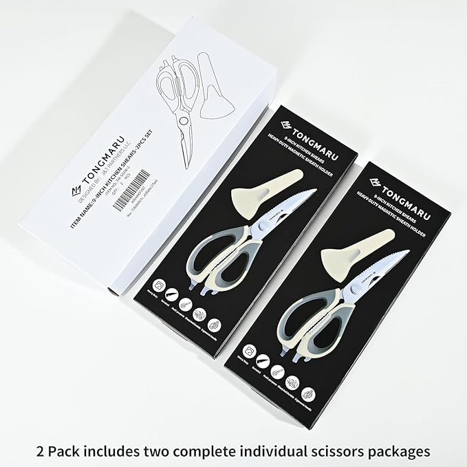 Kitchen Shears Heavy Duty Kitchen Scissors with Magnetic Sheath Holder, Dishwasher Safe Scissor, All Purpose 9-inch Scissors, Detachable, Serrated Blades, Bottle Opener function included (2 Pack)