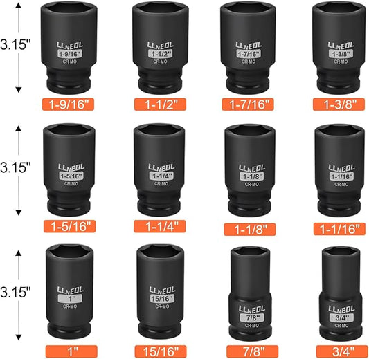 3/4 Inch Drive Socket Set, 12Pcs Impact Deep/Jumbo Sockets, Standard SAE 3/4" to 1-9/16", 6-Point CR-MO Heavy-Duty Big Socket Set for Large Vehicle & Equipment Maintenance