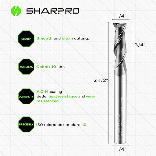 1/4 End Mills 1/4 Inch Shank, 2 Flute Carbide Square Endmill with AlCrN Coated, Upcut Spiral CNC Router Bits for Alloy Steel, Metal and Stainless Steel(5PCS)