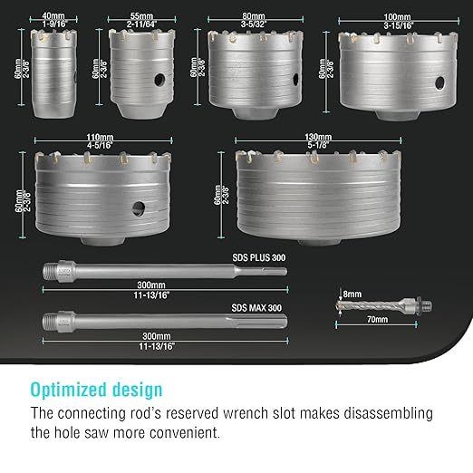 BINOTA 13PCS Concrete Hole Saw Kit, Rotary Hammer Core Bit Hole Saw, with SDS Plus and SDS Max Shank, for Concrete Cement Brick Wall Stone Masonry, Core bit Set 40 55 80 100 110 130 mm