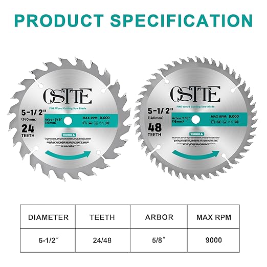 5-1/2 Inch Circular Saw Blade 24T&48T, 5/8 Inch Arbor, Alternate Top Bevel Saw Blades for Cutting Wood, 2 Pack