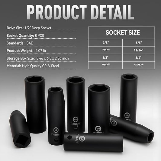 DISEN 8 Pcs 1/2" SAE Impact Socket Set, Deep Sockets 3/8"- 13/16", 6-Point Cr-V & Alloy Steel, 1/2 Inches Drive Impact Socket Set,Rugged Construction, Enhanced Storage Case