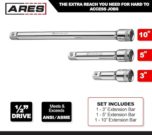 ARES 70245-3-Piece 1/2-Inch Drive Socket Extension Set - Includes 3-Inch, 5-Inch and 10-Inch Extensions - Premium Chrome Vanadium Steel with Mirror Finish