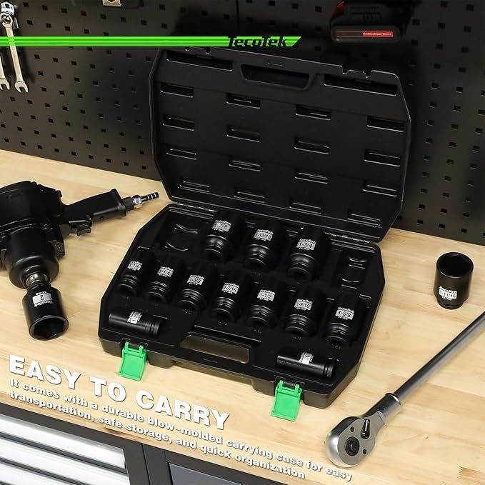3/4" Drive Deep 6-Point Impact Socket Set, 14-Piece Heavy Duty Impact Socket Set, Cr-Mo, SAE (1" to 2"), for Large Vehicle and Apparatus Maintenance