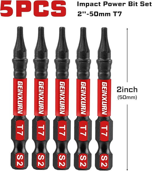 5 Pieces T7 Impact Tough Magnetic Screwdriver Bit Set, 2 In. #7 Torx Head power Bit Set, S2 Alloy Steel T7 Star Bit