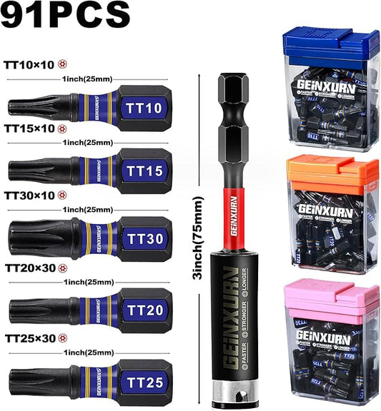Impact Security Torx Screwdriver Bits Set,90 Pcs 1" Magnetic (TT10/TT15/TT20/TT25/TT30) S2 Steel Multi Hollow Star Driver Bits with Colorful Box