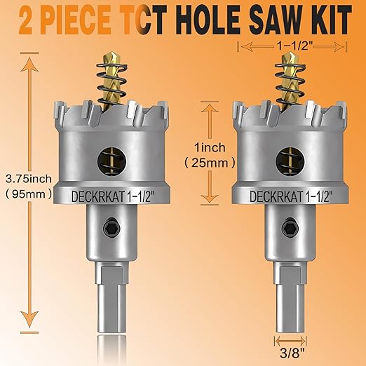 2-Pack 1-1/2" TCT Hole Saws for Hard Metal, Heavy Duty 38mm Tungsten Carbide Tipped Hole Cutters Set with Spring-Loaded Pilot Drill Bits for Stainless Steel, Metal, Iron, and Plastic