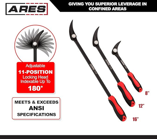 ARES 70184-3-Piece Indexable Pry Bar Set - 11-Position Adjustable Angle Pry Bars - High Strength Chrome Vanadium Steel - Includes 8-Inch, 12-Inch and 16-Inch Indexable Pry Bars