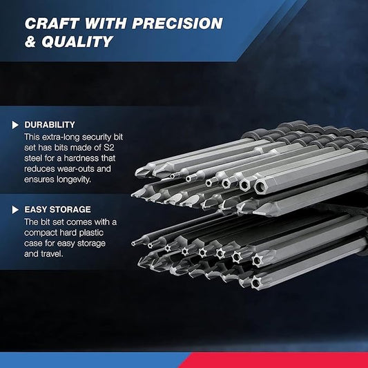 NEIKO 10224A 1/4" Extra Long Security Bit Set, 32 Piece Screwdriver For Drill, S2 Steel 6” Long Torx ,Tamper Proof , Torx, PoziDriv, Spanner, Tri-Wing, Security Power Bit