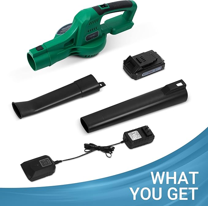 20V Cordless Leaf Blower with Battery and Charger, Leaf Blower Battery Operated, Variable Speed with 2 Tubes for Patio, Leaves Blowing-Green