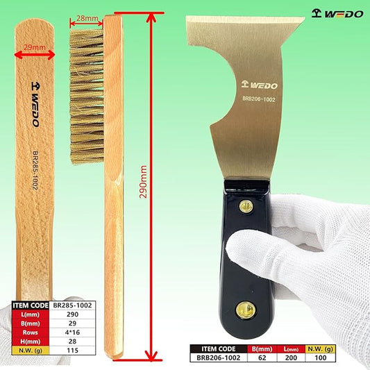 WEDO 3pcs Brass Putty Knife Set, 2-1/2" Paint Scraper with Bakelite Handle, 11" Brass Wire Brush,A Pair of Gloves,Scraper Tool for Plaster Scraping Drywall Finishing
