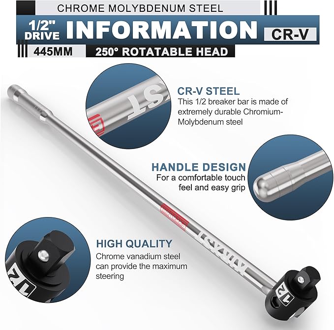 17.5-Inch 1/2??Drive Breaker Bar, Heavy Duty Extension Breaker Bar, 250째 Rotatable Head, Premium Chromium Molybdenum Steel, Mechanical Work, Automobile and Motorcycle Maintenance and Repair