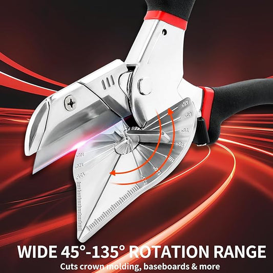 Multi Angle Miter Shear - Upgrade Quarter Round Cutting Tool with 12pcs Replacement Sharp Blades, 45-135째 Adjustable Angle, Trim Cutter Hand Tool for Plastic, Wood Trim Molding (Black Red Handle)