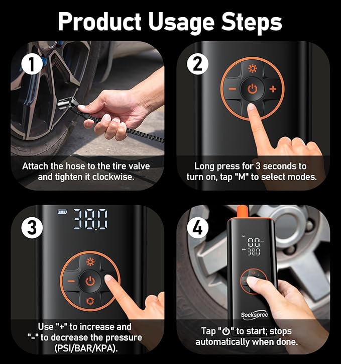 Tire Inflator Portable Air Compressor 5 in 1 Cordless Smart Pump with Tire Pressure Gauge 150PSI and LED Lights for Cars Bikes Motorcycle Balls Custom Mode Inflatables Orange Black