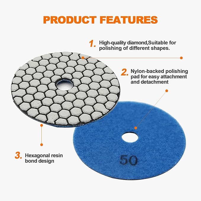 Dry Diamond Polishing Pad Set,7pcs 4 inch #50 for Stone Marble Quartz Granite Sanding Disc Countertop Polish Polisher Pads Kit Tools used on Grinder or Polisher
