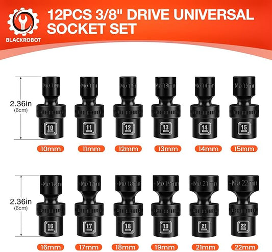 BLACKROBOT 3/8" Drive Shallow Universal Impact Socket Set, 12PCS 6 Point Metric Swivel Socket set(10-22mm), CR-MO Steel, Includes Storage Rail