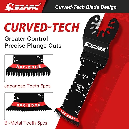 EZARC Oscillating Saw Blades - 10 PCS Extra-Long Reach Arc Edge Multitool with Japanese Teeth, CRV and Bi-Metal Clean Cut for Wood Metal, Universal Quick Release Tool Kits