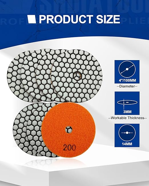 SHDIATOOL 7Pcs 4-Inch Dry Diamond Polishing Pads Grit 200 for Granite Marble Stone Sanding Pads Grinding Pads Abrasive Set