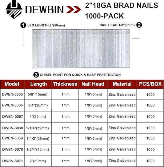 18 Gauge Brad Nails, 1000 Counts 2-inch 18 GA Brad Nails, Galvanized Nails for Nail Gun, Finishing Nail Gun Nails for Pneumatic, Electric Brad Nailer Gun