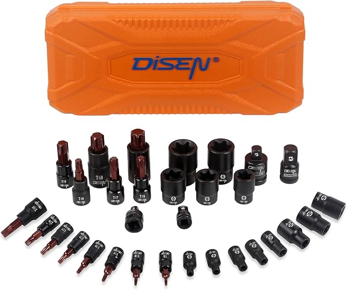 31-Piece Torx Bit Socket and Female External Socket Set, Premium CR-V & S2 Alloy Steel, Star T8-T70 & E-Torx E4-E24,Impact Socket Adapter Set,High Torque Laser Marked for Automotive Mechanic