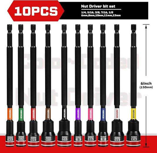 Impact Nut Driver Set, 10 Pieces 6?쒵ong 6mm,8mm,10mm,11mm,13mm 1/4??/16??/8??/16??/2?? Point Alloy Steel Magnetic Metric/SAE Nut Setter Set 1/4 Hex Shank Impact Driver with Case Box