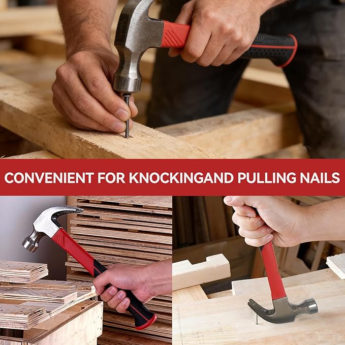16oz Claw Hammer with 376pcs Nails Set, Smooth Face and Forged Steel Head, Shock-Absorbing Fiberglass Handle, Red and Black Handle for Carpentry and General Purpose