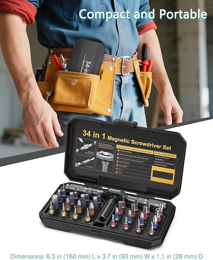 ORIA Magnetic Screwdriver Set, 34 in 1 Ratchet Screwdriver Set, Portable Precision Tool Kit with DIY T Handle, 32 Color-Coded Precision Bits for DIY Furniture Computer Bicycle