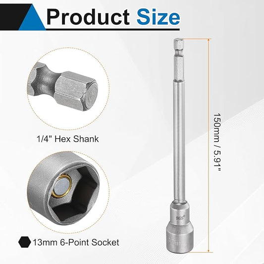 HARFINGTON 5pcs Nut Driver Drill Bit 13mm Metric Socket 1/4" Hex Shank 5.91" (150mm) Long Magnetic 6-Point Sockets Quick Change CR-V Steel Bolt Setters for Power Drill Drivers