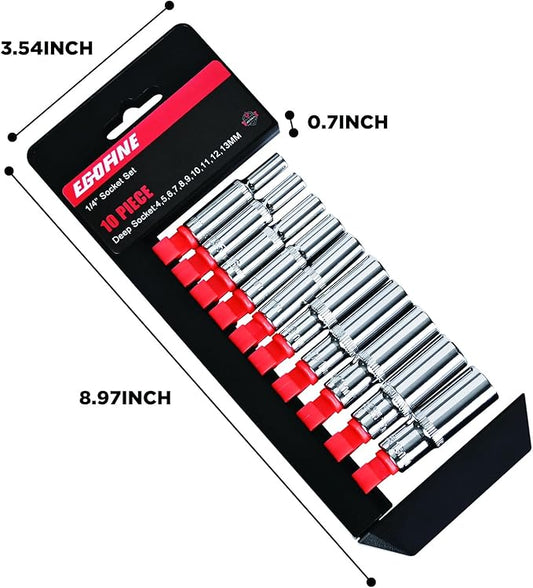 Egofine 10PCS 1/4??Drive Deep Socket Set,Metric Socket Set竊?-13mm,6 Point Socket Set With Hanging Bracket,Cr-V Steel