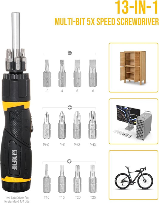13 IN 1 Magnetic Ratcheting Screwdriver, 5X Speed Drive, 12PCS Bits Included,Torx PH SL, Ergonomic Handle Design with Adjustable Angle, End Storage Cap, for Motorcycle,Bicycle, Home Maintenance
