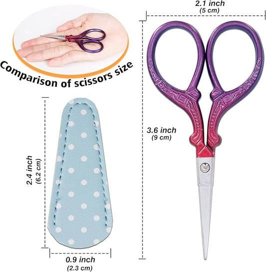 3.6 inch Sewing Crafting Scissors Stainless Steel Embroidery Scissors with Leather Scissor Cover for Cross Stitch Cutting Paper Handcraft Craft Art Work DIY Tool