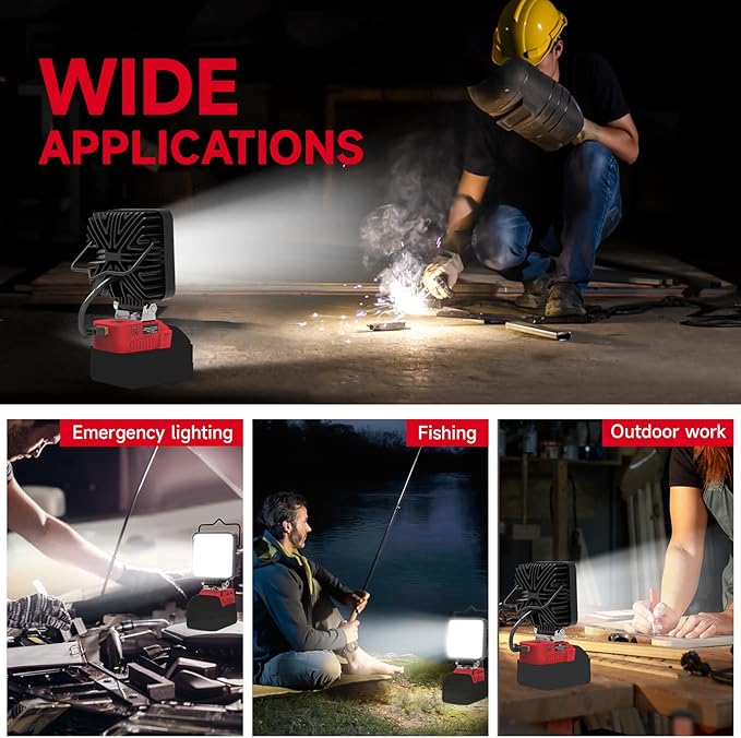 New Upgrade Azocek LED Work Light Compatible with Mil-wau-kee 18V Battery, 60W 6000LM Flashlight, 18V Battery Cordless Work Light with Low Voltage Protection & Dual USB & Type-C Charging Port (60W)