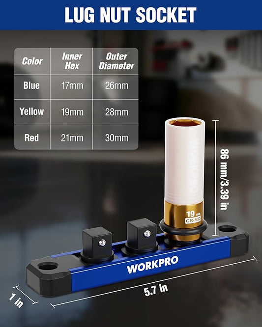 WORKPRO 1/2" Drive Lug Nut Impact Duty Socket Set, 3 Pieces 17-19-21mm Deep Thin Wall Socket Set, Made of Premium Cr-Mo Steel, Non-Marring Lug Nut Wheel Sockets for Car