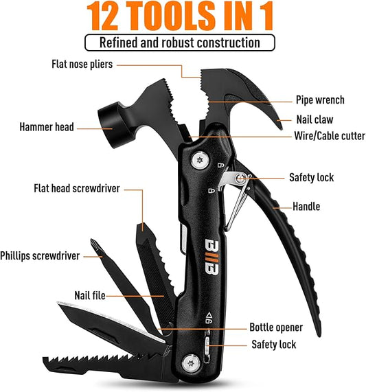 BIIB Stocking Stuffers for Men Adults, 12 in 1 Hammer Multitool Gifts for Men, White Elephant Gifts for Adults, Mens Gifts for Dad Him Husband, Christmas Gift for Mens Dad Him, Camping Essentials Gear