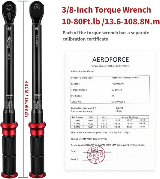 AEROFORCE 3/8-Inch Drive Torque Wrench竊?0-80 lb.ft / 13.6-108.8 Nm),72 Tooth Dual Direction Reversible Ratchet, Dual Range Scales, Precision Calibrated for Bike, Motorcycle and Car Repair