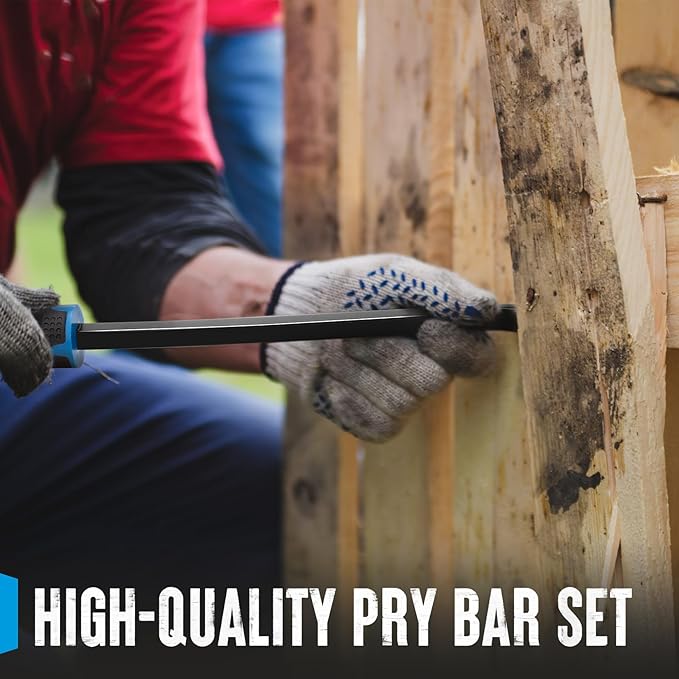 SHALL 3-Piece Pry Bar Set, 8", 12" and 18" Heavy Duty Pry Bar with Thicker Strike Cap, Mechanic Hand Tools with Angled Tip for Automotive, Demolition, Nail Puller, Crowbar