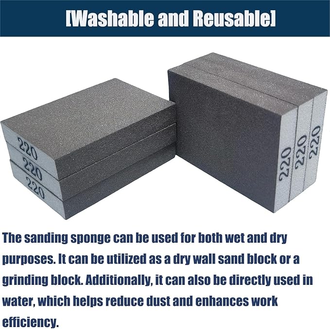 6 PCS 220 Grit Hand Sanding Blocks Set - Fine Sander Sponge, Wet and Dry Dual-use Sanding Sponges, Washable and Reusable, Ideal for Wood Metal Wall Polish