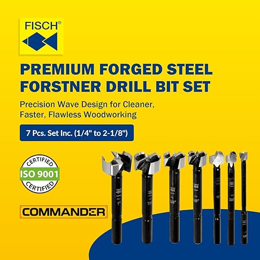 Fisch Black Shark Forged Steel Forstner Drill Bit Set for Woodworking, Precision Wave Design, Clean Cuts in Hardwoods, MDF and Plywood, Made in Austria 7 Pcs Set Inc (1/4" to 2-1/8") in Blister Pack