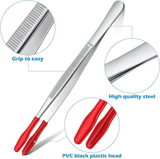 2 Pieces Bent Tip Tweezers with Rubber Tips PVC Coated and 2 Pieces Tweezers Rubber Coated PVC Soft Non Marring Flat Tips Lab Hobby Jewelry Craft Stainless Steel Tool(Red)