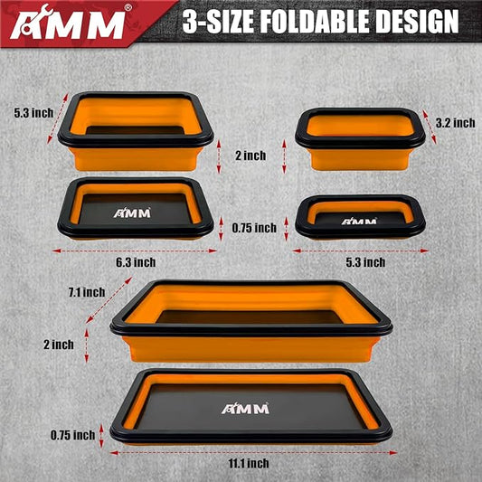 AMM Foldable Magnetic Parts Tray Set, 3 Different Size Magnetic Tool Trays for Bolts Screws Nuts & Small Metal Parts, Mechanic Tool Present for Men竊똎range