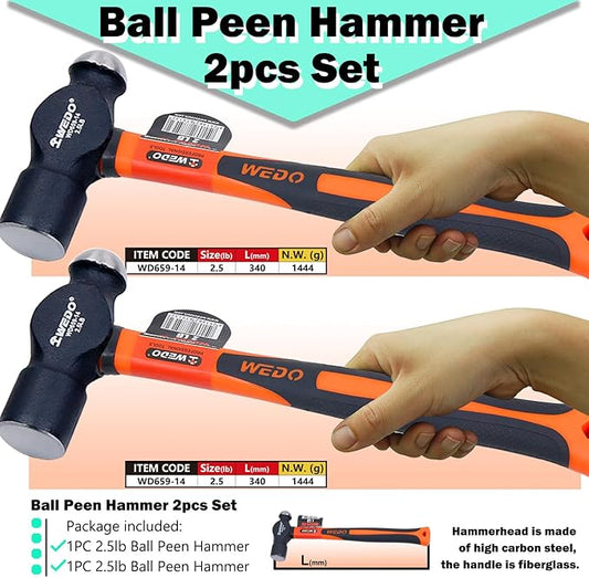 WEDO 2PCS Ball Pein Hammer Set,2.5lb+2.5lb,Fiberglass Handle,Ball Peen Hammer,Length 340mm,High Carbon Steel,Shock Resistant,Non-Slip Handle,Die-forged