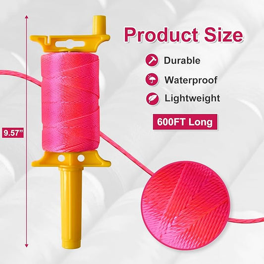 Mason Line String Line,Reloadable Line Reel,600 Ft Length Nylon Twine,Nylon String for Gardening Or Masonry Tools,Twine String for Gardening,Pink