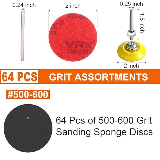 64 PCS 2 Inch Sanding Disc Pad,Hook and Loop Sanding Pads 500-600 Grit Wet Dry Sponge Sandpaper with 1/4??Shank for Drill Sanding Grinder Rotary Tools Curved Surface Polishing and Sanding