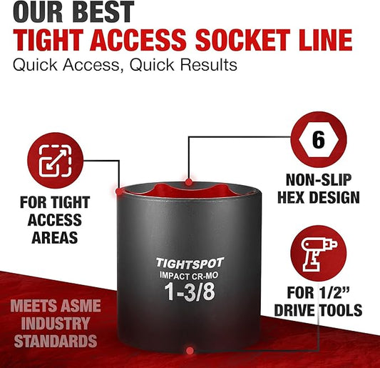 TIGHTSPOT 1/2 Inch Drive - 1 3/8 Inch Shallow Impact Socket with Anti-Rounding 6 Point Design, Heat-Treated CRMO Steel